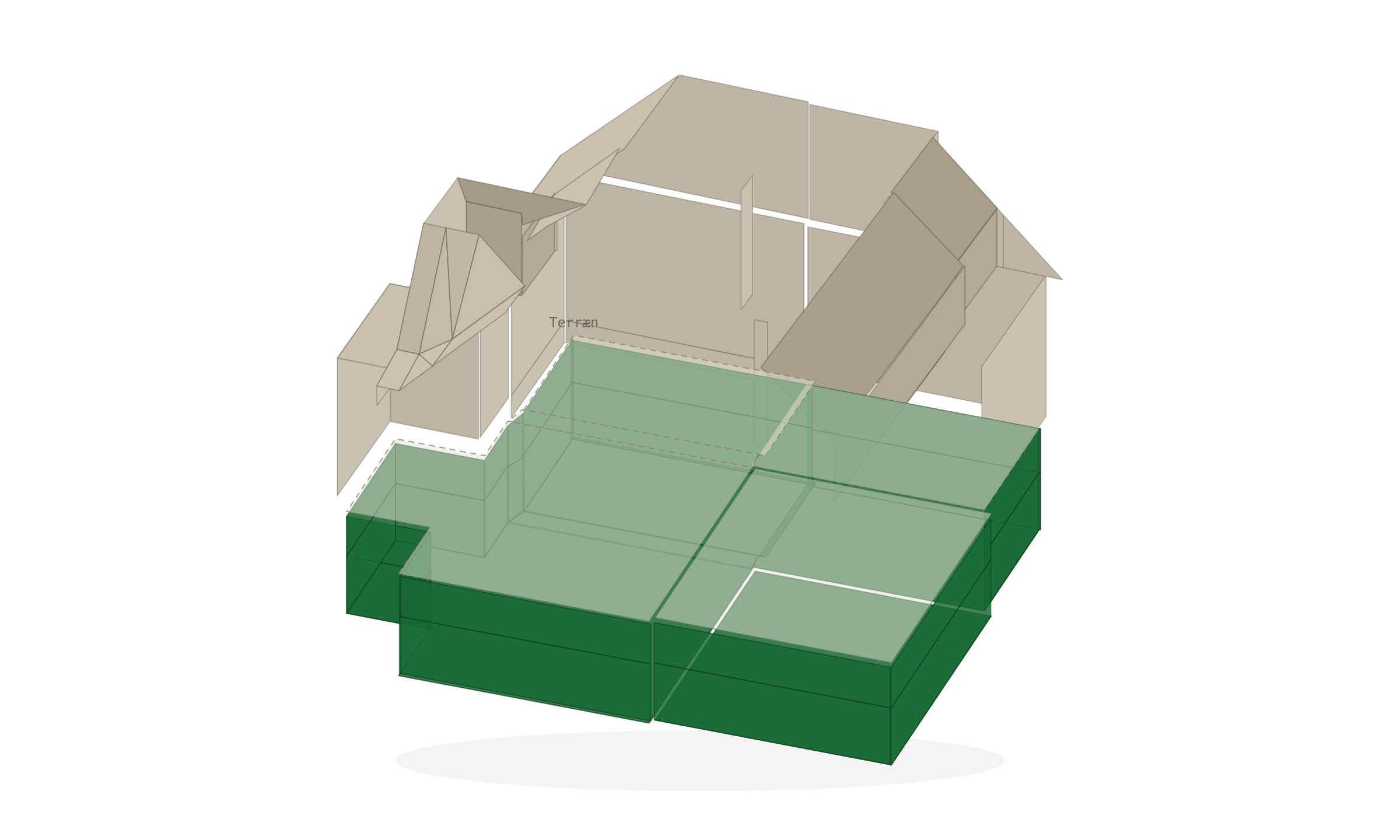 Boligens opmålte 3D-model vist som dimetrisk udsnit, med de berørte flader markeret i grønt.