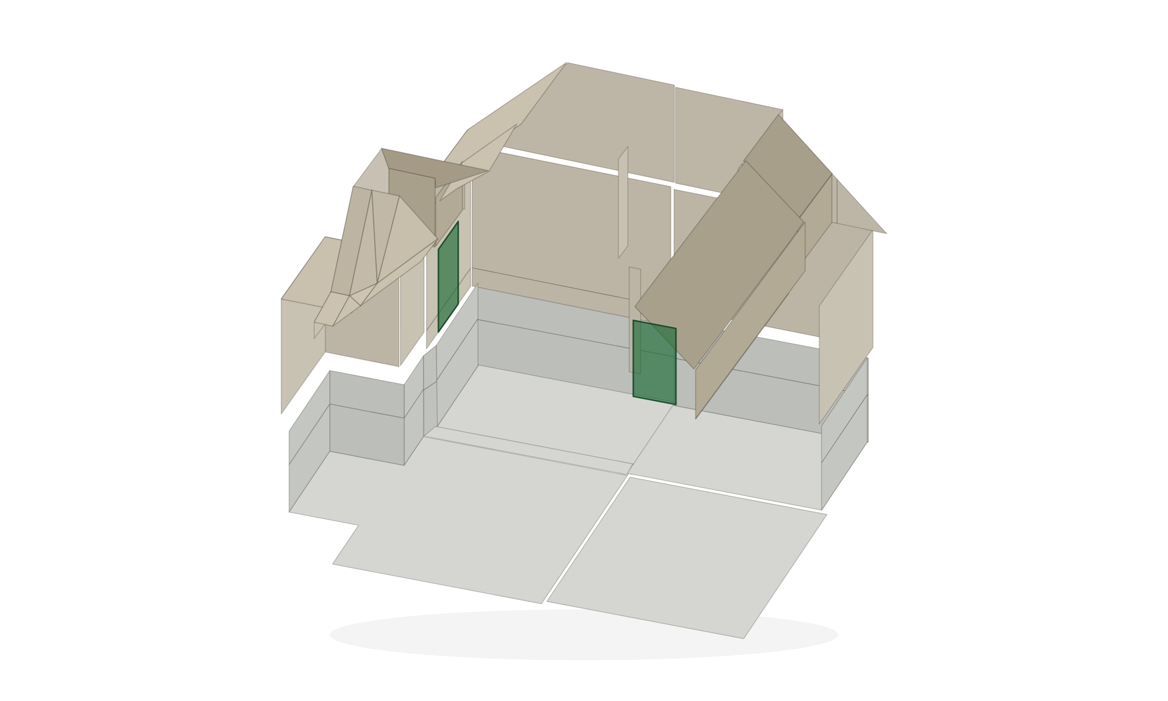 Boligens opmålte 3D-model vist som dimetrisk udsnit, med de berørte flader markeret i grønt.