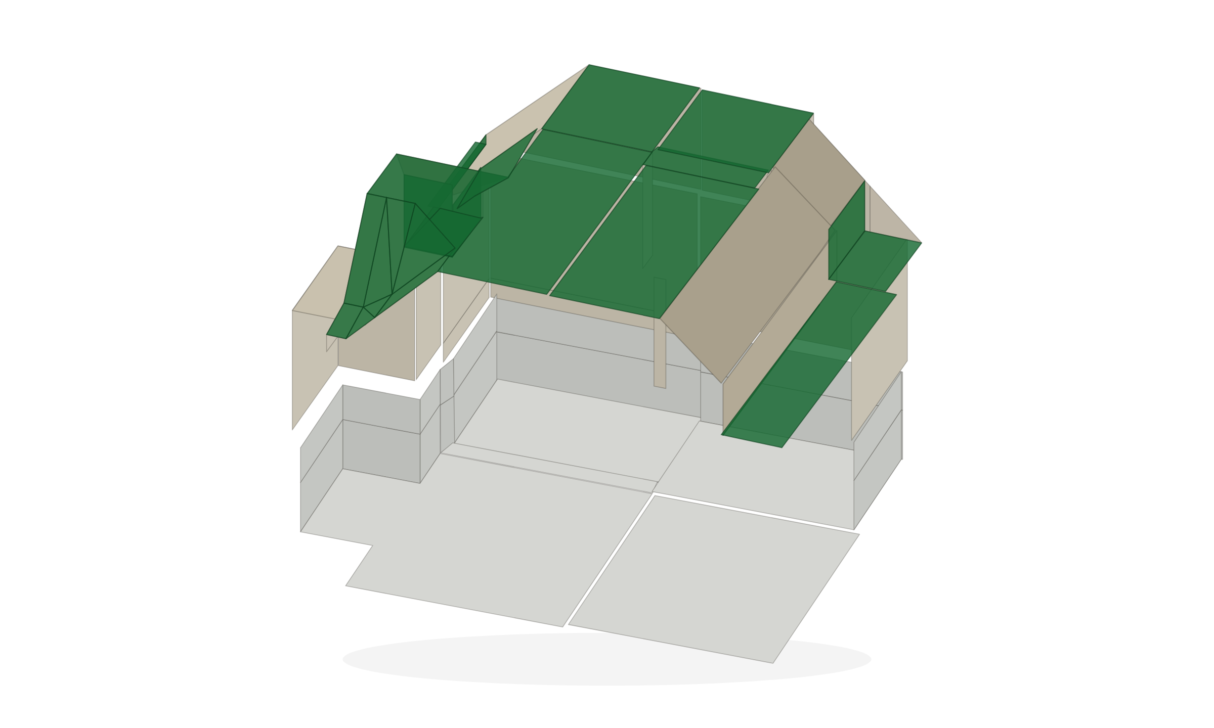 Boligens opmålte 3D-model vist som dimetrisk udsnit, med de berørte flader markeret i grønt.