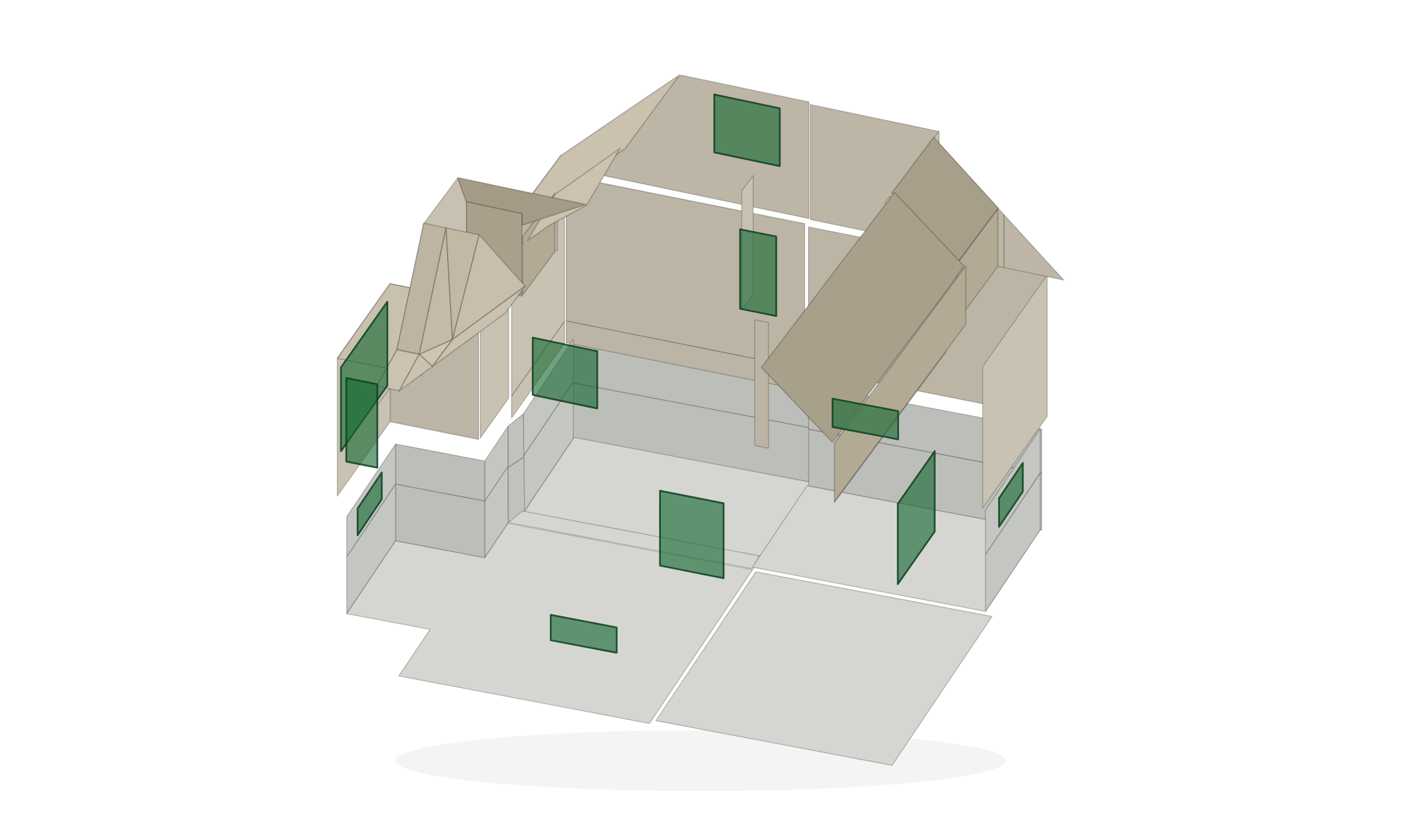 Boligens opmålte 3D-model vist som dimetrisk udsnit, med de berørte flader markeret i grønt.